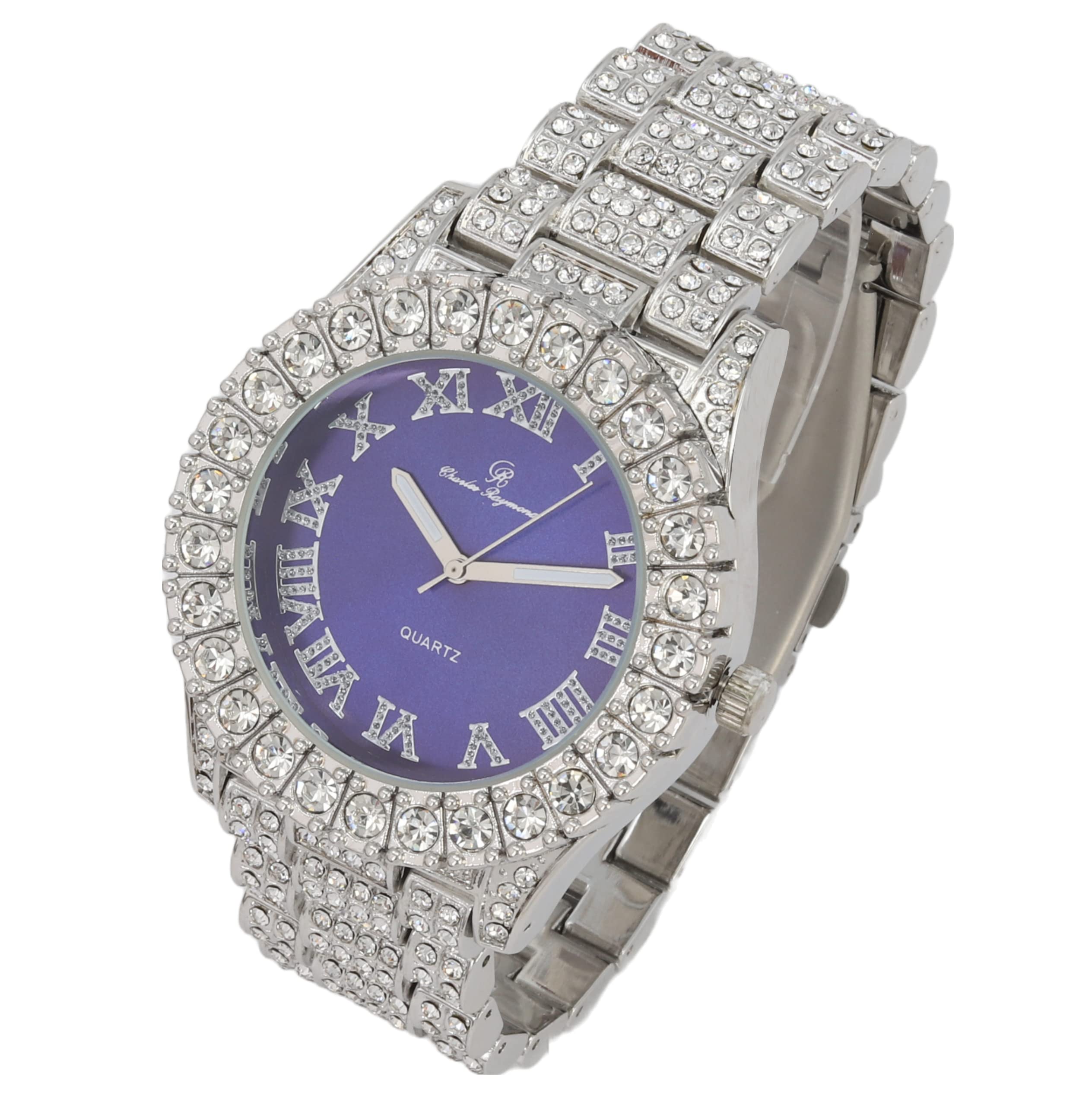 Charles Raymond Hip Hop iced Out Blinged Men's New Diamond Rhinestones on Trim Coloful Watch Dial - ST10327DX Color (Royal Blue Silver)