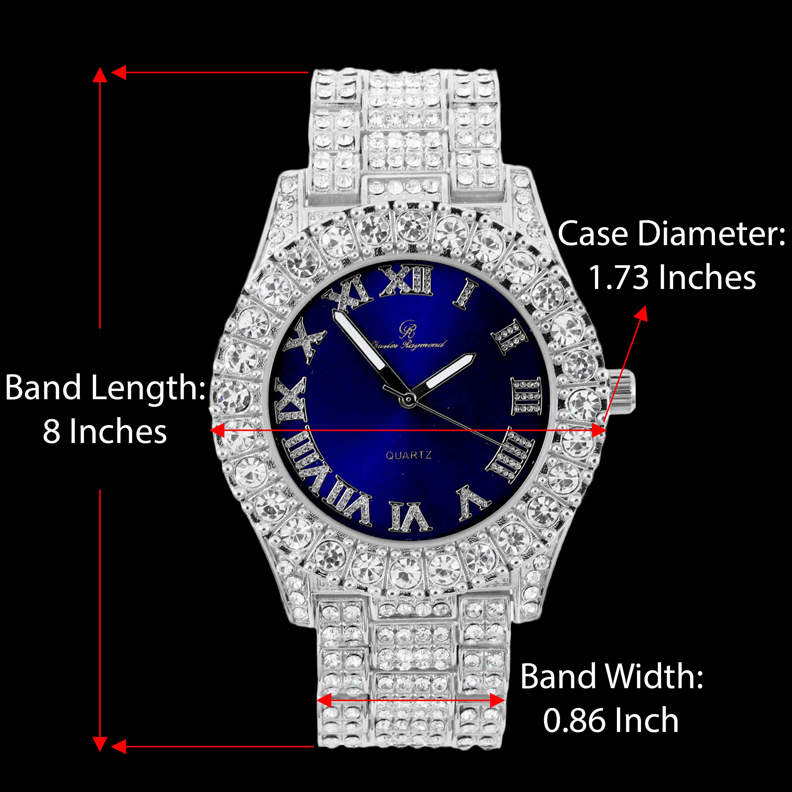 Charles Raymond Hip Hop iced Out Blinged Men's New Diamond Rhinestones on Trim Coloful Watch Dial - ST10327DX Color (Royal Blue Silver)