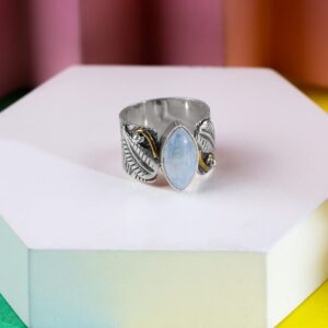 YoTreasure Rainbow Moonstone Solid 925 Sterling Silver Brass Wide Band Boho Ring