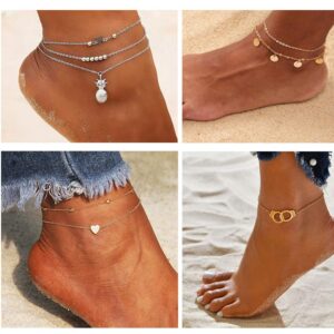 FUNEIA 12/16/30Pcs Ankle Bracelets for Women Gold Silver Rose Gold Charm Anklets Set for Teens Boho Layered Beach Adjustable Foot Chain Summer Beach Jewelry