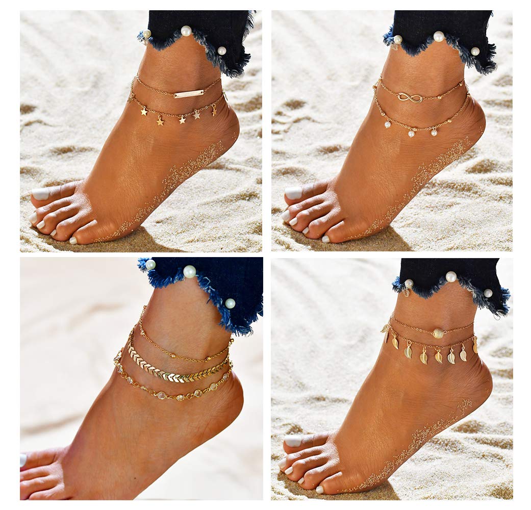 FUNEIA 12/16/30Pcs Ankle Bracelets for Women Gold Silver Rose Gold Charm Anklets Set for Teens Boho Layered Beach Adjustable Foot Chain Summer Beach Jewelry