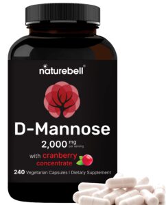 naturebell d-mannose 500mg capsules (2000mg per serving) | 240 veggie capsules + cranberry extract 400mg, fast acting urinary tract health pills, utra uti support for women & men