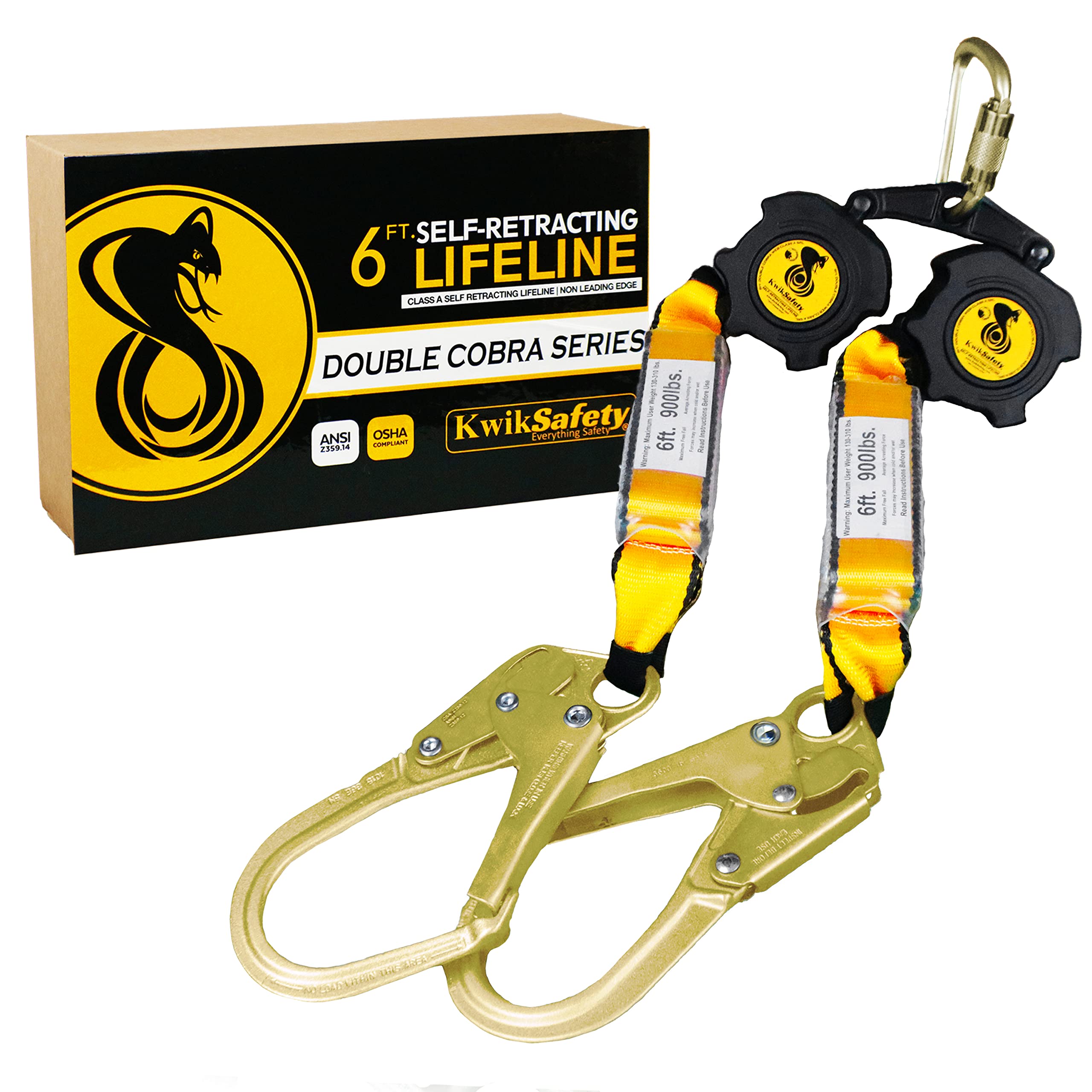 KwikSafety - Charlotte, NC - COBRA WEB 6’ Twin-Leg [NO TANGLE] Self Retracting Lifeline ANSI CLASS A SRL Rebar Hooks Shock Absorber Roofing Construction Personal Fall Arrest Protection