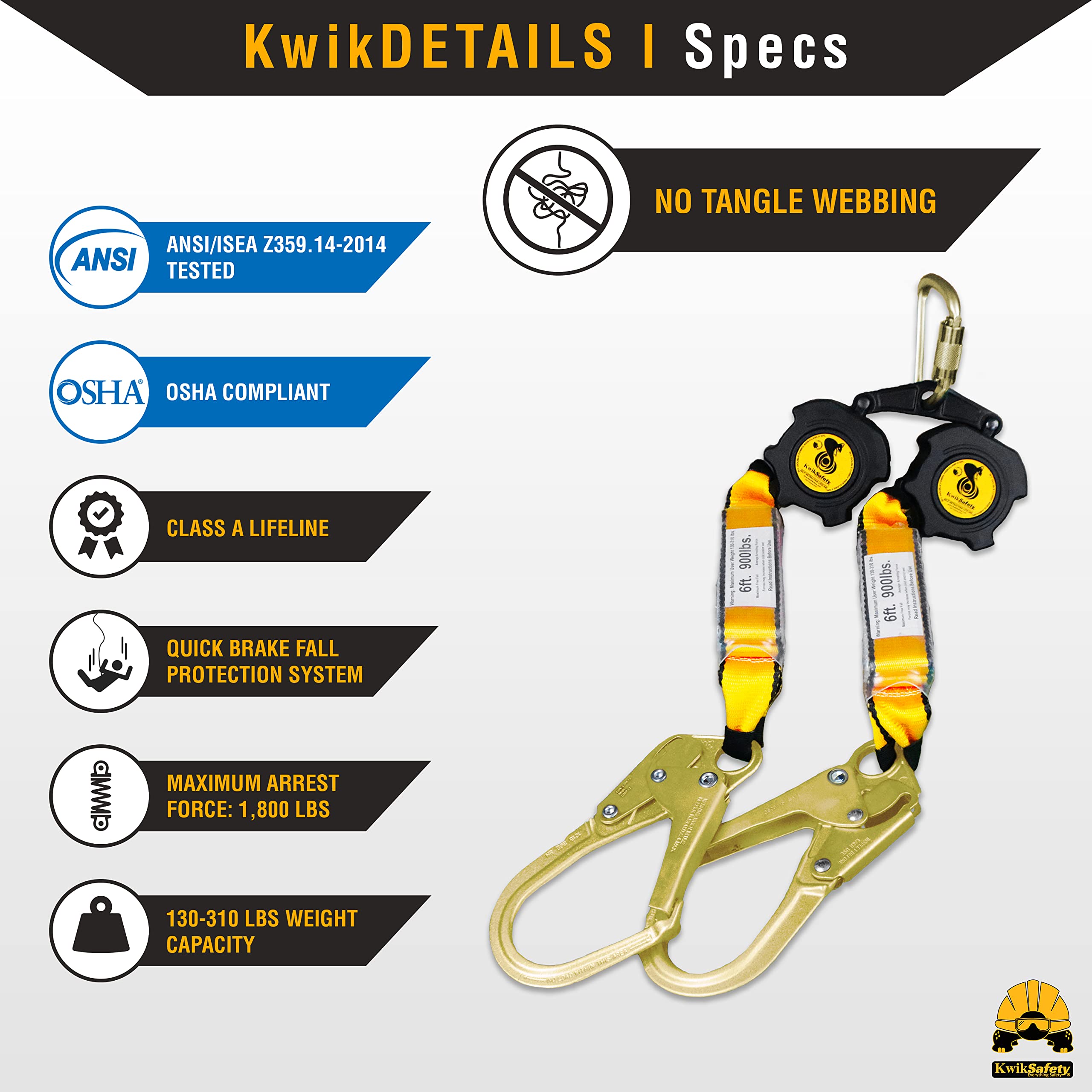 KwikSafety - Charlotte, NC - COBRA WEB 6’ Twin-Leg [NO TANGLE] Self Retracting Lifeline ANSI CLASS A SRL Rebar Hooks Shock Absorber Roofing Construction Personal Fall Arrest Protection