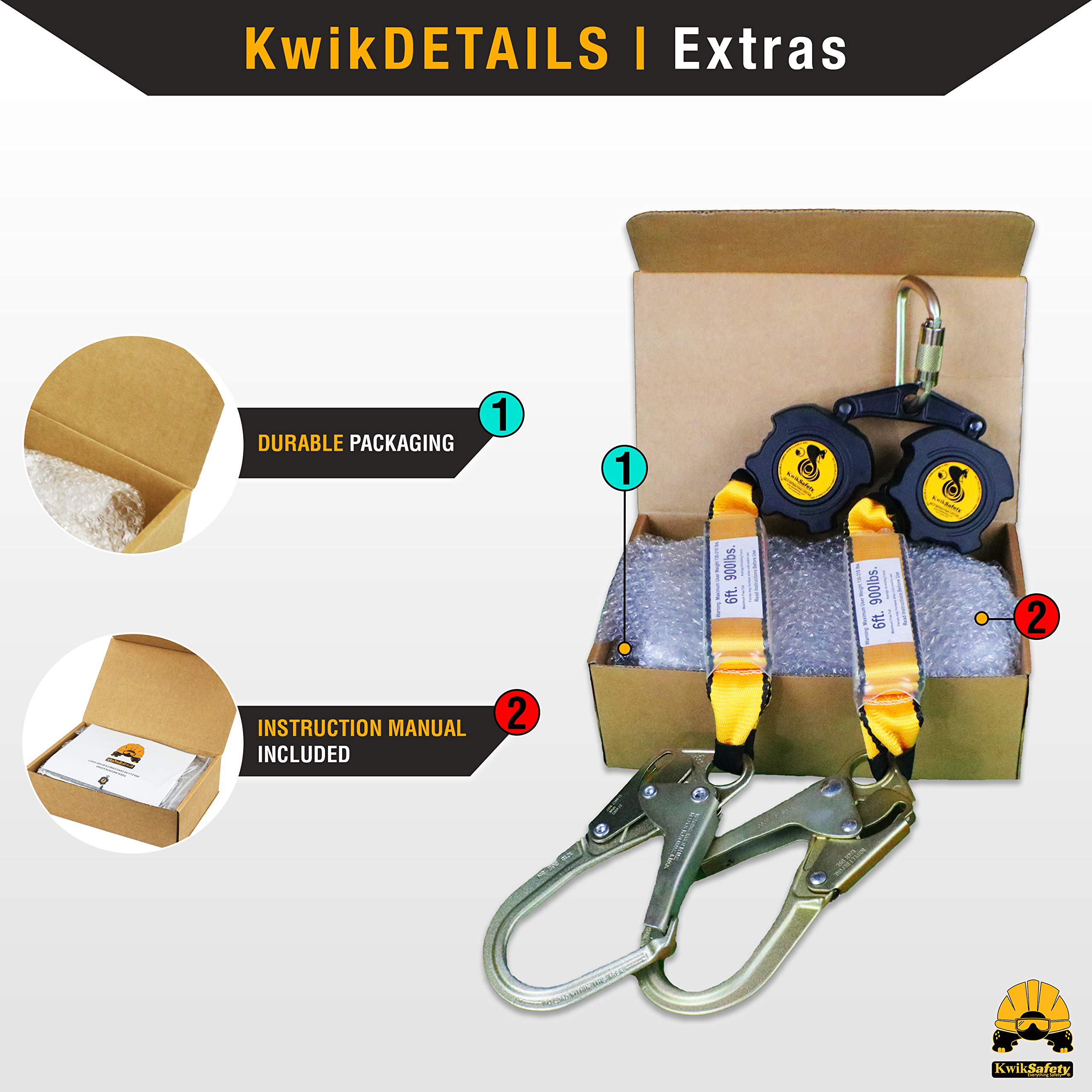 KwikSafety - Charlotte, NC - COBRA WEB 6’ Twin-Leg [NO TANGLE] Self Retracting Lifeline ANSI CLASS A SRL Rebar Hooks Shock Absorber Roofing Construction Personal Fall Arrest Protection