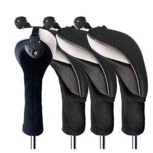 FINGER TEN Golf Club Head Covers Woods Hybrids 1/2/3/4 Pack, Headcovers Men Women 3 5 7 X with Interchangeable Number Tag, Fit All Wood Hybrid Clubs (4 Pack-Black Hybrid Cover)