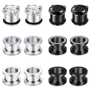 Longbeauty 12pcs Gorgeous Cubic Zirconia Tunnels 316L Stainless Steel Ear Gauges Earring Plugs for Ears Screw Fit Body Piercing Jewelry 4g-3/4