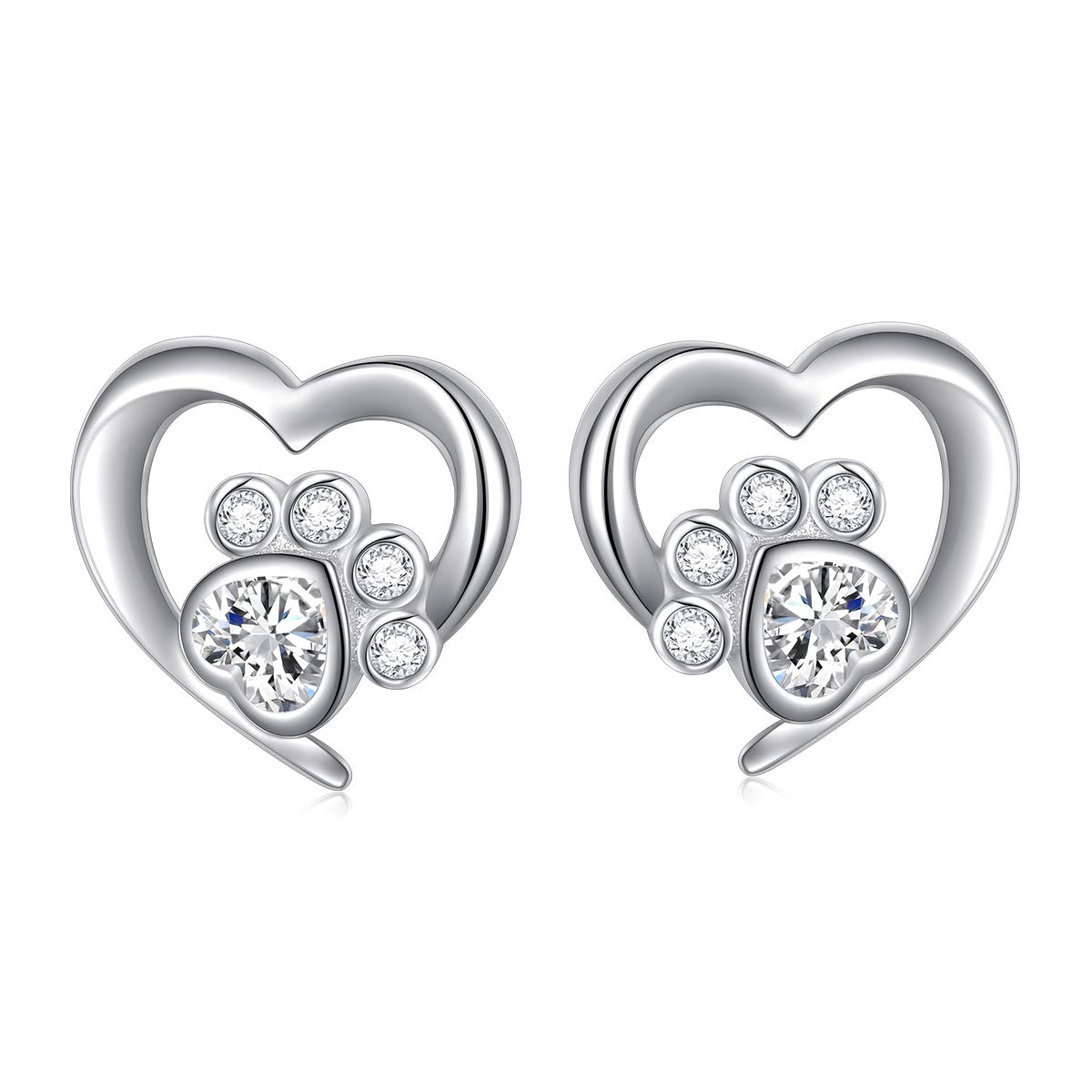 Heart Paw Stud 925 Sterling Silver Cute Cat Dog Paw Print Heart Cz Stud Earrings for Women Memorial Birthday Jewelry