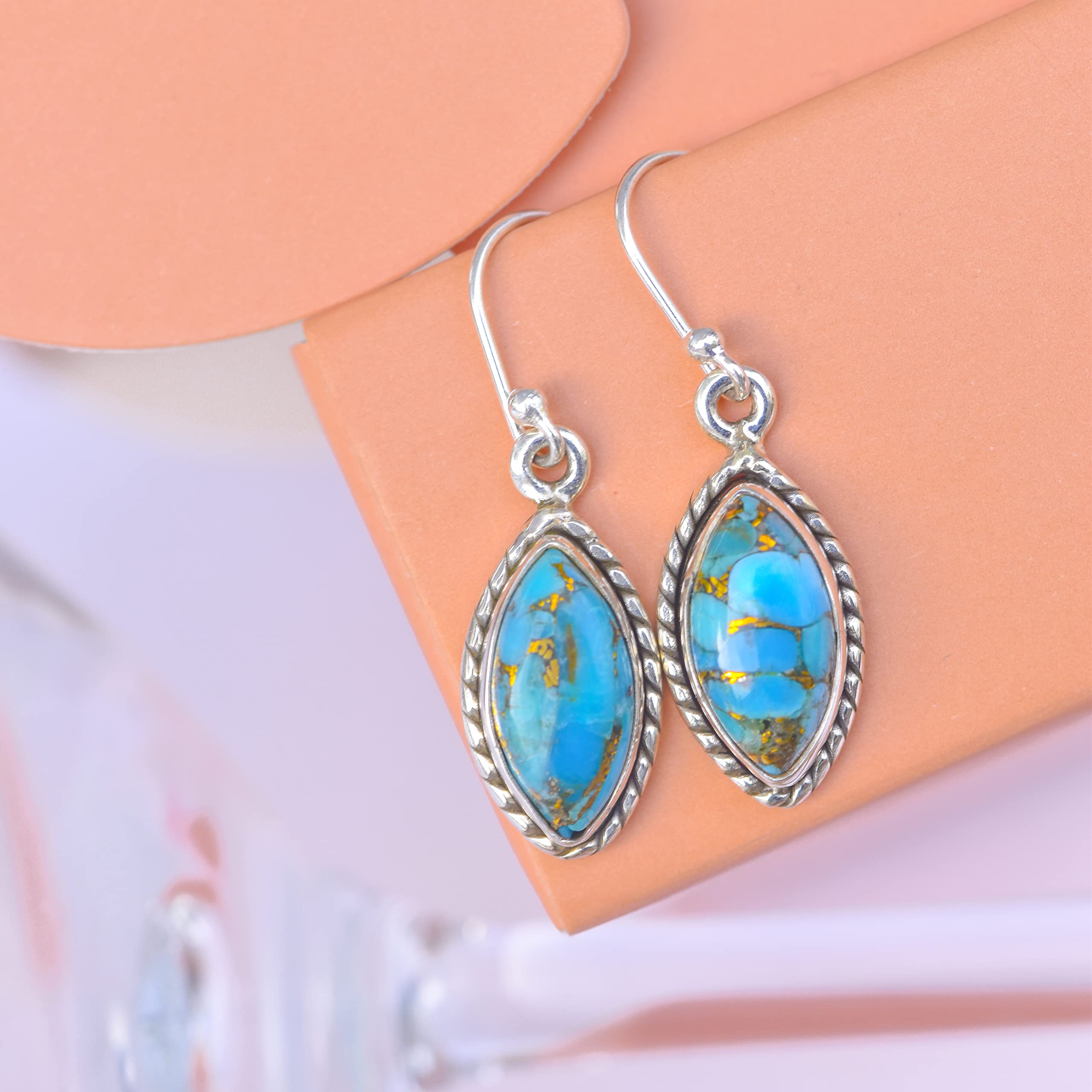 YoTreasure Blue Copper Turquoise Dangle Earrings Solid 925 Sterling Silver Birthstone Jewelry for Women