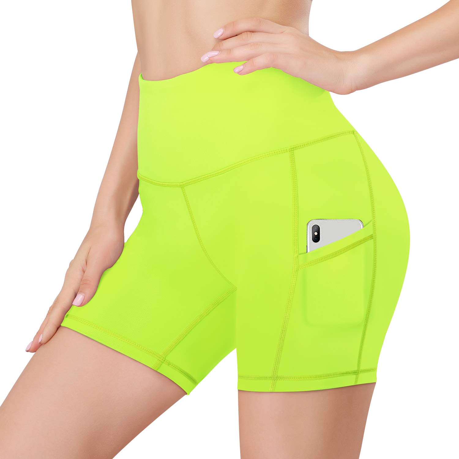 HISKYWIN 5"/8" Inseam High Waist Women Yoga Shorts Compression Exercise Workout Running Shorts Pockets F18011-Fluorescent yellow-L