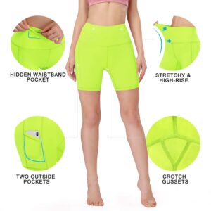 HISKYWIN 5"/8" Inseam High Waist Women Yoga Shorts Compression Exercise Workout Running Shorts Pockets F18011-Fluorescent yellow-L