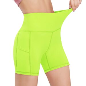 HISKYWIN 5"/8" Inseam High Waist Women Yoga Shorts Compression Exercise Workout Running Shorts Pockets F18011-Fluorescent yellow-L