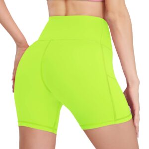 HISKYWIN 5"/8" Inseam High Waist Women Yoga Shorts Compression Exercise Workout Running Shorts Pockets F18011-Fluorescent yellow-L