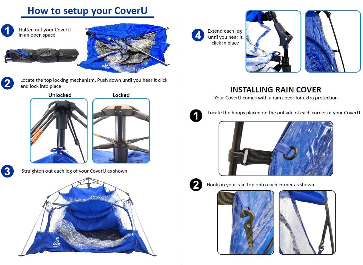 CoverU Sports Tent Pod – Pop Up 2 Person Cold Climate Canopy Shelter – BLUE – Patented