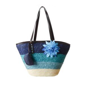 QTKJ Fashion Women Girls Hand-Woven Summer Beach Big Tote Straw Bag Handbag Big Flower Shoulder Bag with Cute Purse (Blue)