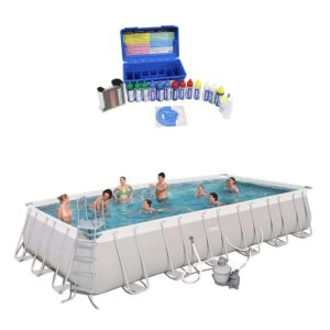 bestway 24ft x 12ft x 52in rectangular frame family swimming pool and test kit with alloy steel, heavy duty pvc, blue, gray, and white