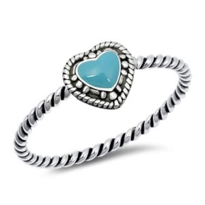 simulated turquoise rope promise heart halo beautiful ring new .925 sterling silver band size 4