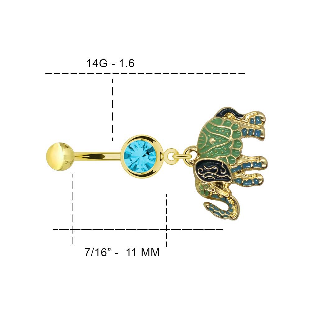 316L 14G Surgical Steel Gold And Green Elephant Pendant with Blue CZ Stone Dangle Belly Button Ring 3/8" Barbell Body Piercing Jewelry Women