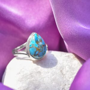 YoTreasure 10x14 MM Blue Copper Turquoise Solid 925 Sterling Silver Teardrop Ring