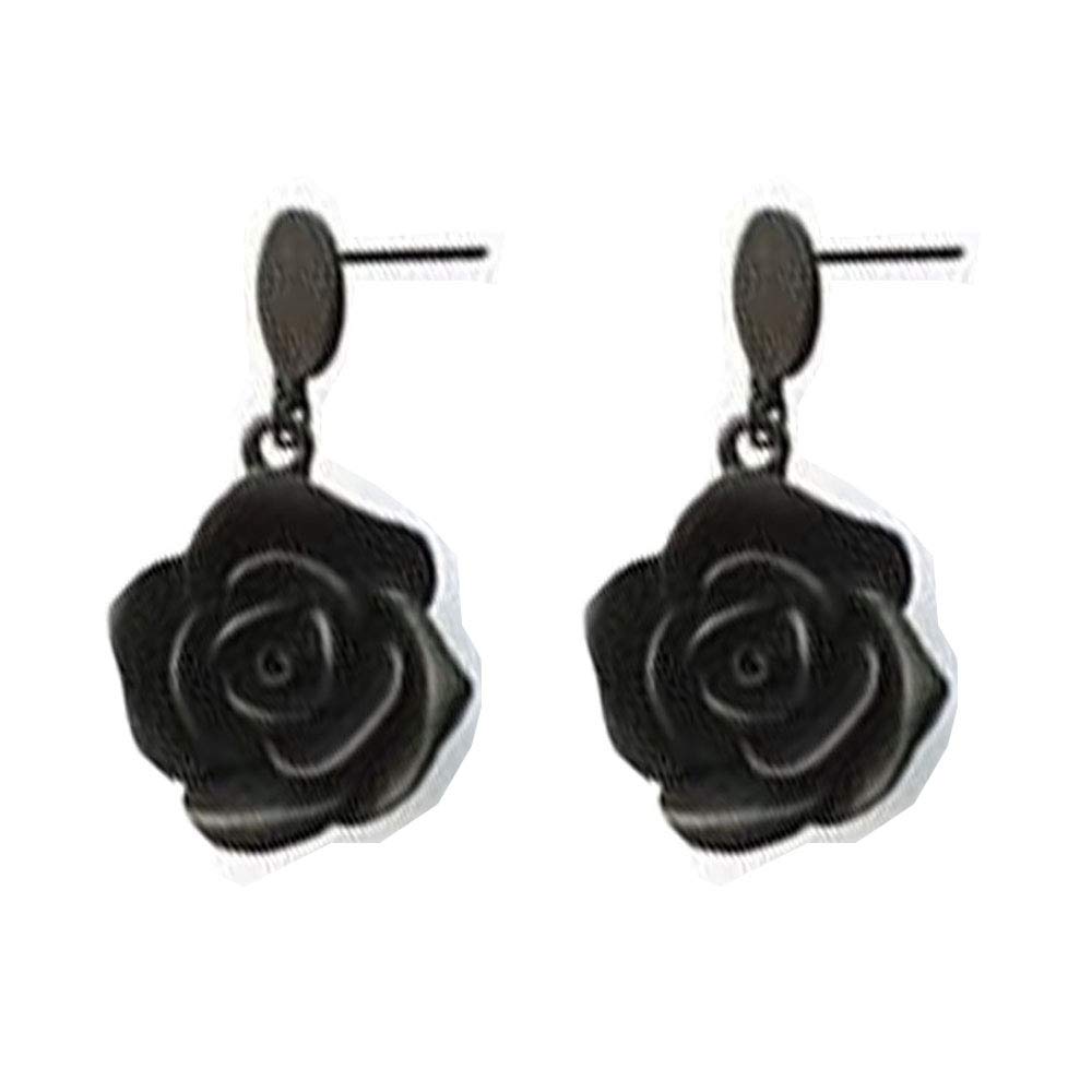 Gold Plated Rose Flower Earrings Black flowers Dangle Drop Earrings Bridesmaid Gift for Women (Black)