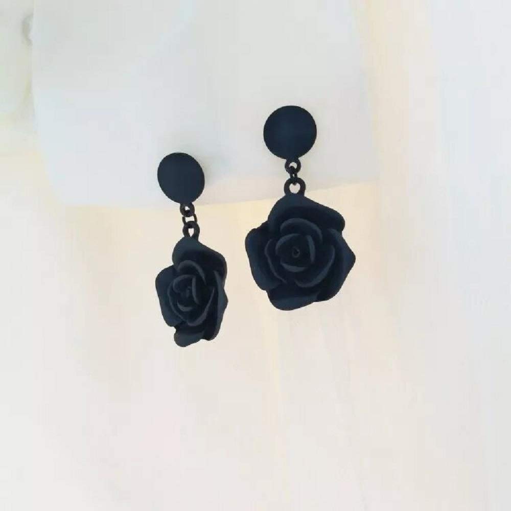 Gold Plated Rose Flower Earrings Black flowers Dangle Drop Earrings Bridesmaid Gift for Women (Black)