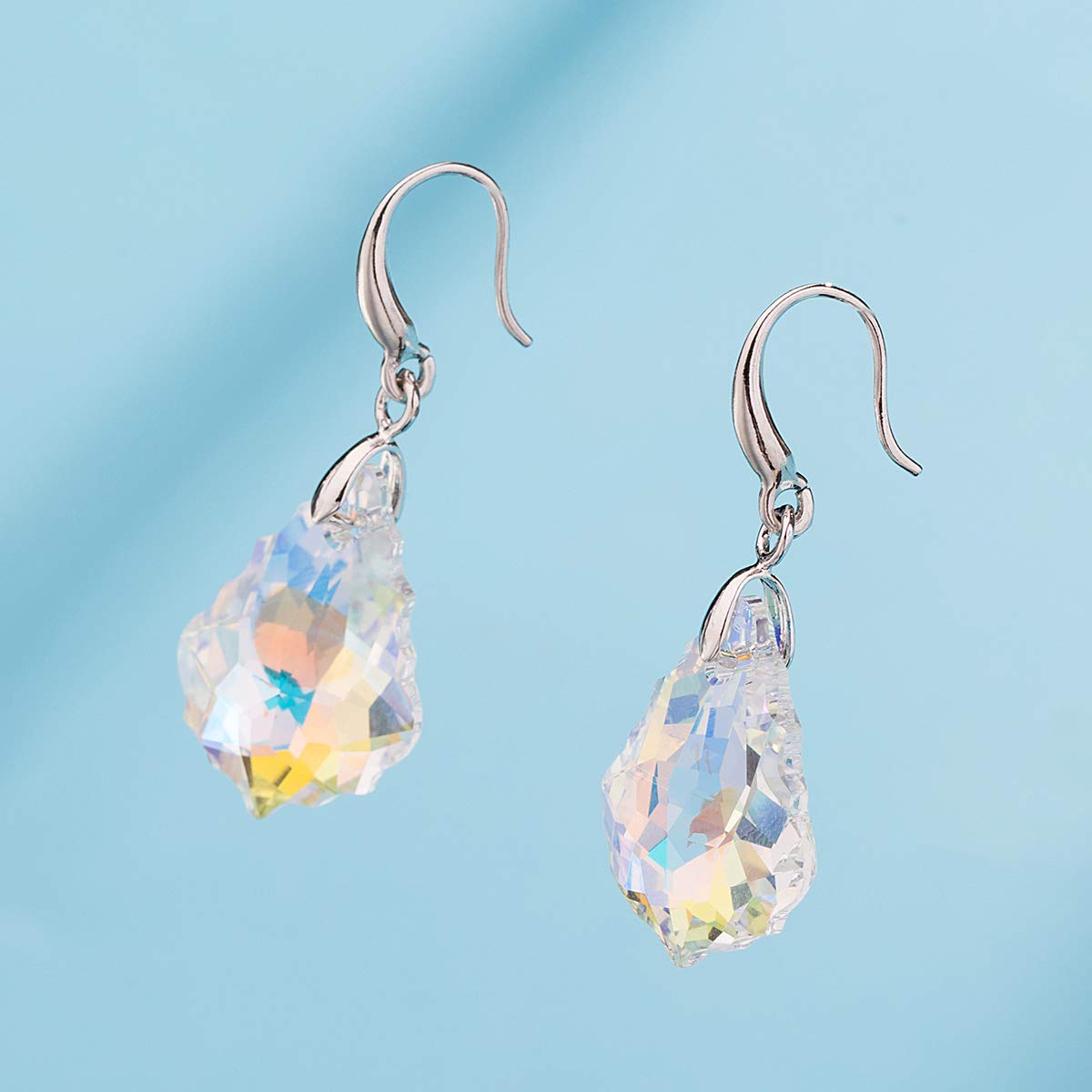 Austrian Crystal Baroque Teardrop Dangle Hook Earrings for Women 14K Gold Plated Hypoallergenic Jewelry (Aurora Borealis)