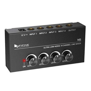 fifine ultra low-noise 4-channel line mixer for sub-mixing,4 stereo channel mini audio mixer with ac adapter.ideal for small club or bar. as microphones,guitars,bass,keyboards or stage sub mixer-n5