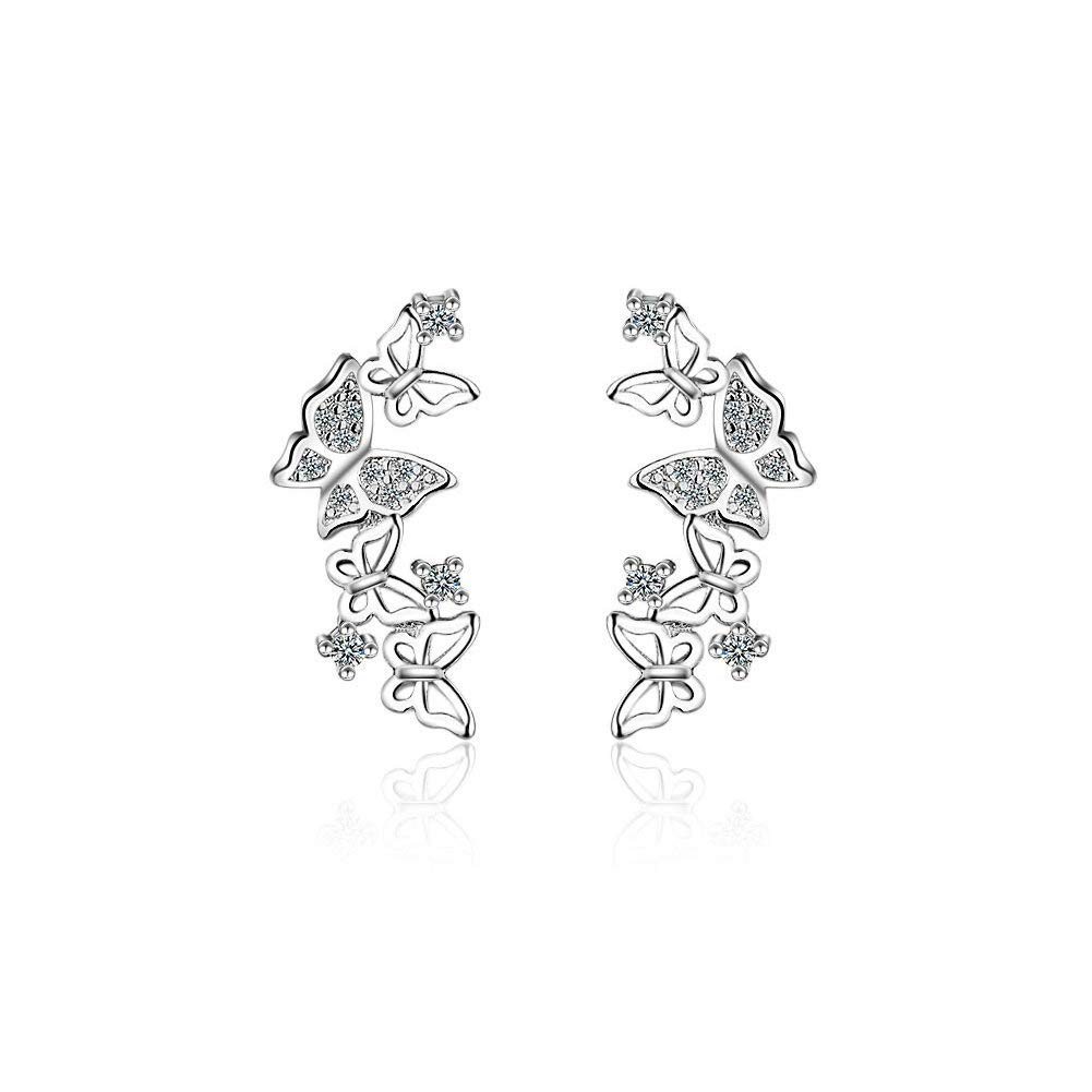 Hollow Butterfly CZ Cuff Wrap Studs Earrings for Women Pierced Ear Sterling Silver Plated Fashion Cubic Zirconia Crawler Climber Hypoallergenic