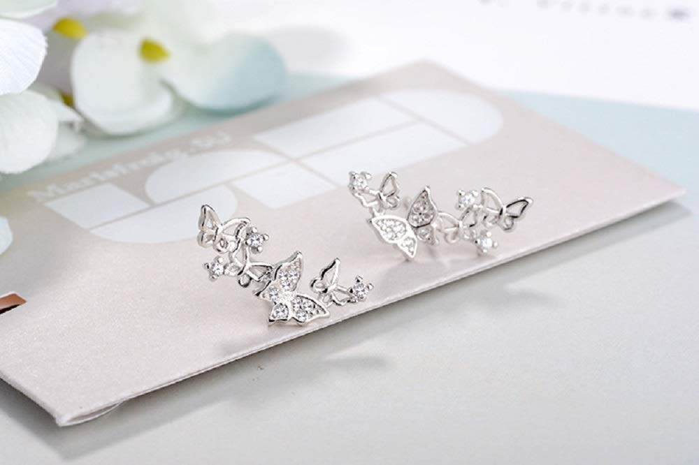 Hollow Butterfly CZ Cuff Wrap Studs Earrings for Women Pierced Ear Sterling Silver Plated Fashion Cubic Zirconia Crawler Climber Hypoallergenic