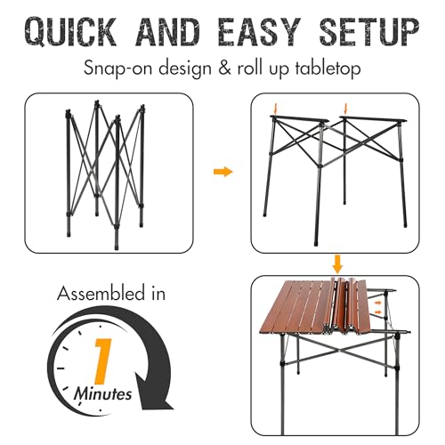 PORTAL Lightweight Aluminum Folding Square Table Roll Up Top 4 People Compact Table with Carry Bag for Camping, Picnic, Backyards, BBQ, Brown