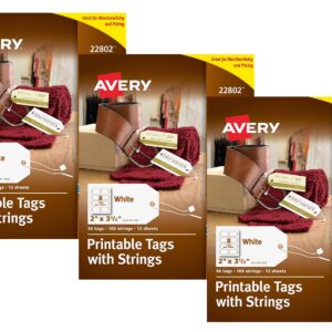 Avery 22802 Printable Tags for Inkjet Printers Only, Tags With Strings, 2" x 3.5", 96 Tags, Sold as 3 Pack, 288 Tags Total