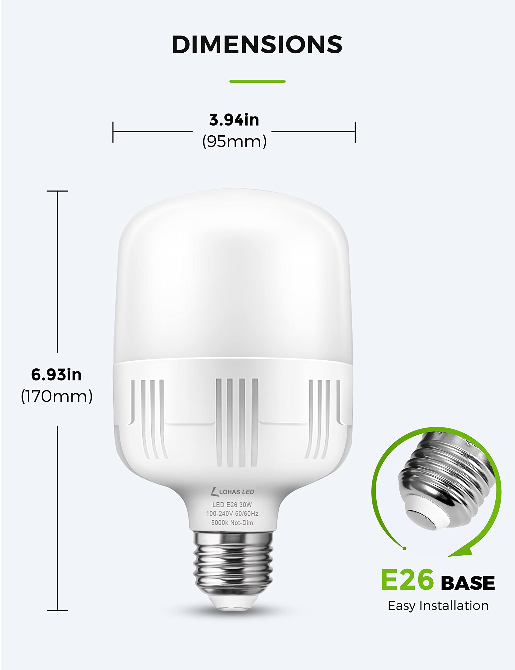 LOHAS Super Bright Light Bulbs, 250-300W Equivalent 3400LM E26 Garage LED Bulb, 5000K Daylight 30 Watt High Lumen LED Bulb w/E39 Adapter for Commercial Warehouse Workshop Factory Backyard Barn, 2 Pack