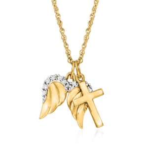 ross-simons 14kt yellow gold cross and angel wings pendant necklace with diamond accents. 18 inches