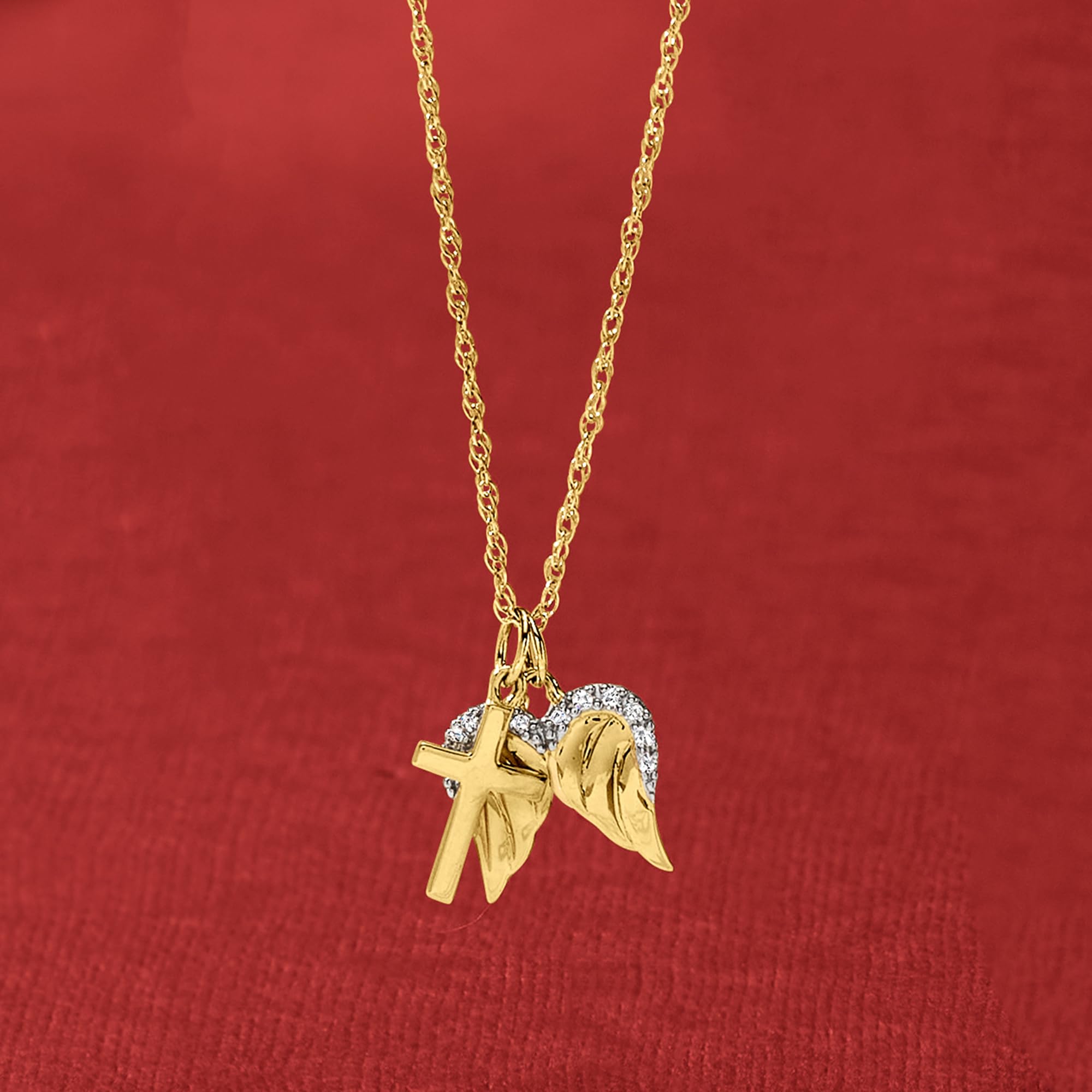 Ross-Simons 14kt Yellow Gold Cross and Angel Wings Pendant Necklace With Diamond Accents. 18 inches