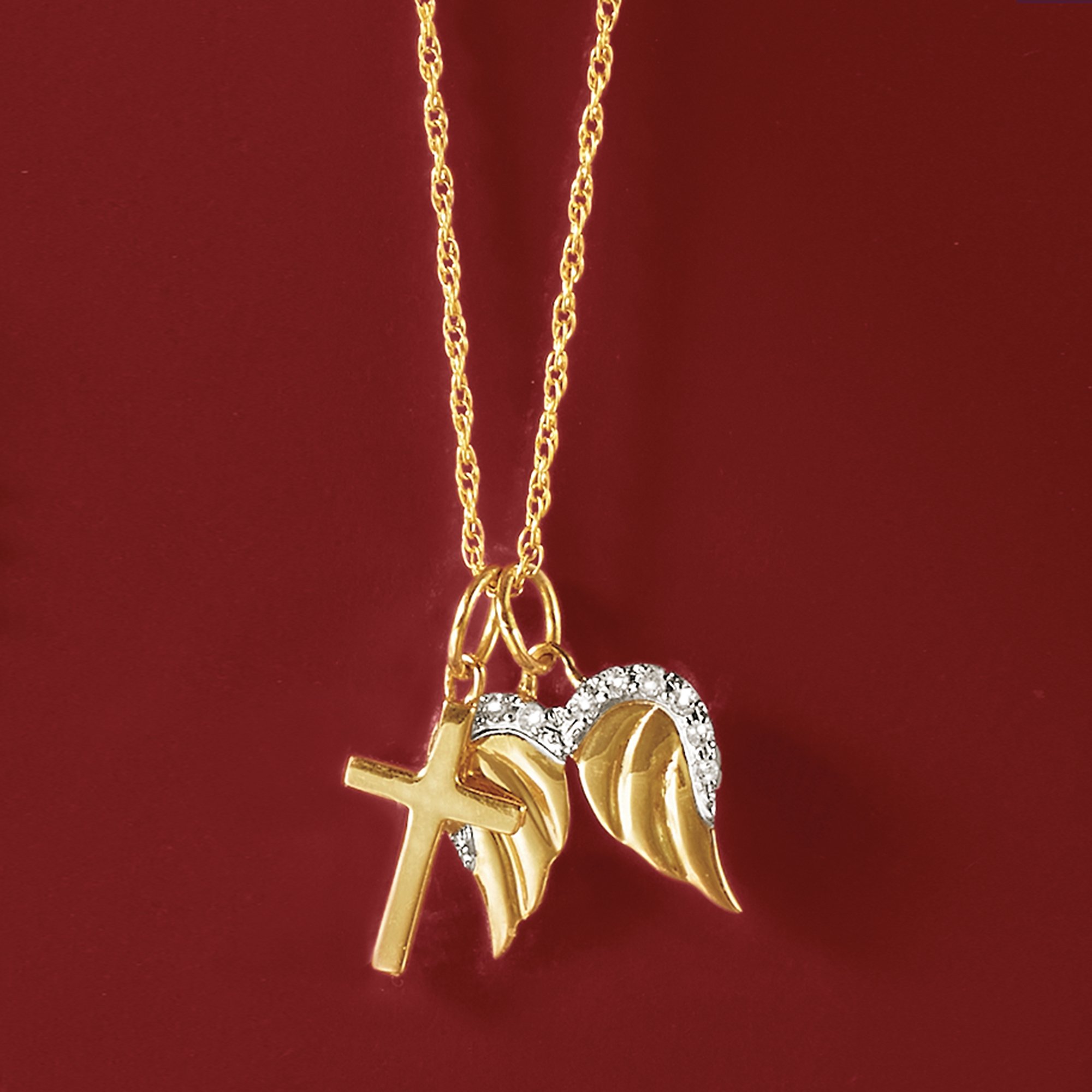 Ross-Simons 14kt Yellow Gold Cross and Angel Wings Pendant Necklace With Diamond Accents. 18 inches