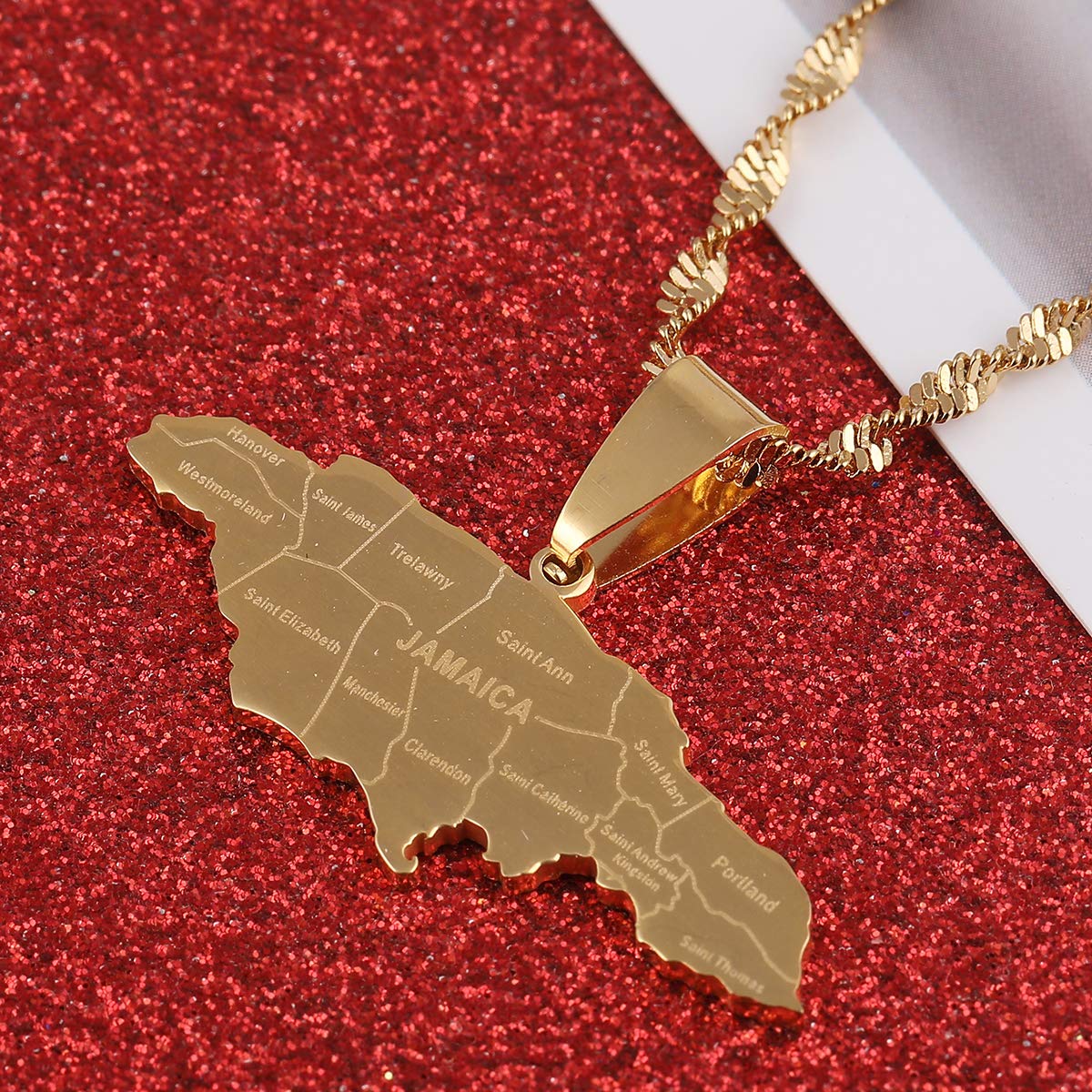 Stainless Steel Map of Jamaica With City Pendant Necklaces for Women (Gold Color)