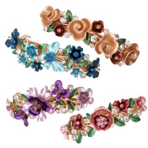 4 Colorful Vintage Decorative Flower Design Metal Gold Tone French Barrettes Hair Clasps Accessories Women Girls