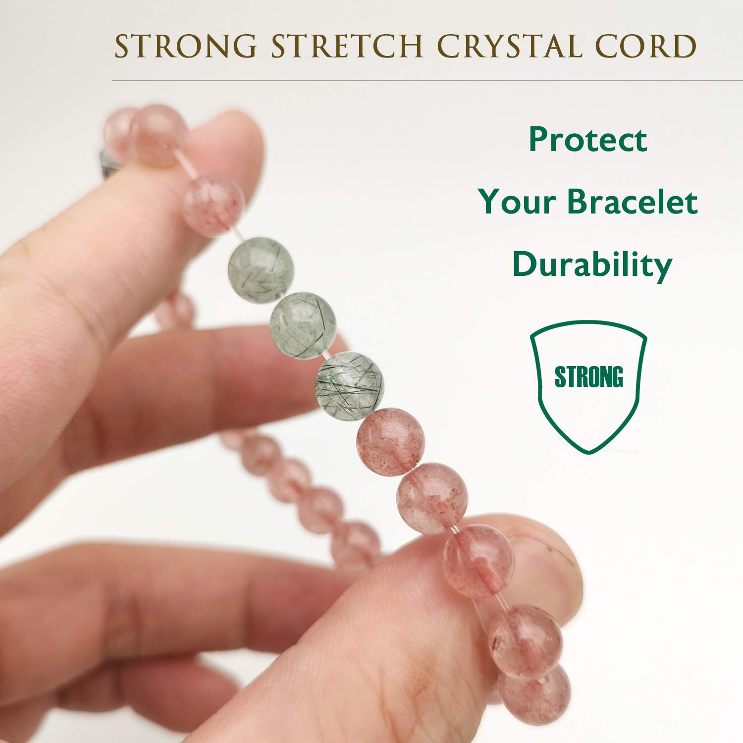 Morchic Natural Strawberry Quartz Crystal/Green Rutilated Quartz for Women, Stretch Energy Beaded Sweet Bracelet 8mm