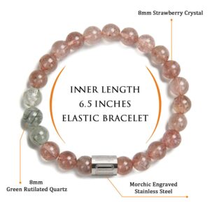 Morchic Natural Strawberry Quartz Crystal/Green Rutilated Quartz for Women, Stretch Energy Beaded Sweet Bracelet 8mm