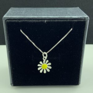 Sterling Silver Ladies Yellow White Enamel Daisy Flower Necklace for Women