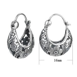 BALMORA 925 Sterling Silver Filigree Hoop Earrings for Women Flowers Vintage Party Jewelry Wedding Floral Light Weight Hoop Earrings for mom Friends