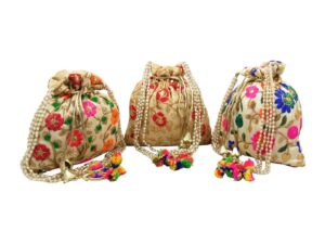 goldgiftideas ethnic kuchhi flower embellished potli bags with pearl handle, potli bags for return gift, bridal potli bags for wedding,shagun potlies, traditional party favor bags (set of 3)