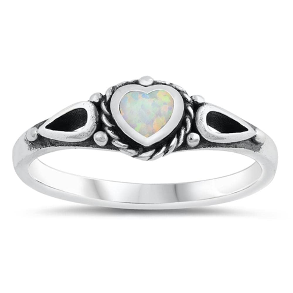 White Simulated Opal Rope Heart Unique Promise Ring New .925 Sterling Silver Band Size 7