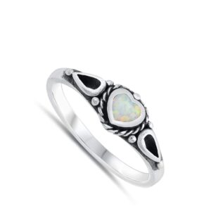 White Simulated Opal Rope Heart Unique Promise Ring New .925 Sterling Silver Band Size 7