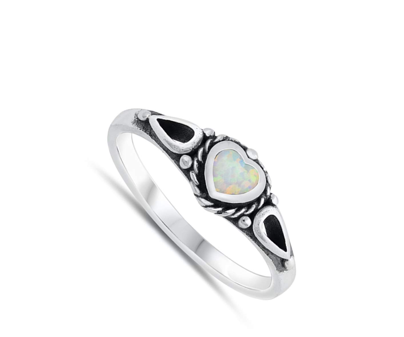 White Simulated Opal Rope Heart Unique Promise Ring New .925 Sterling Silver Band Size 7