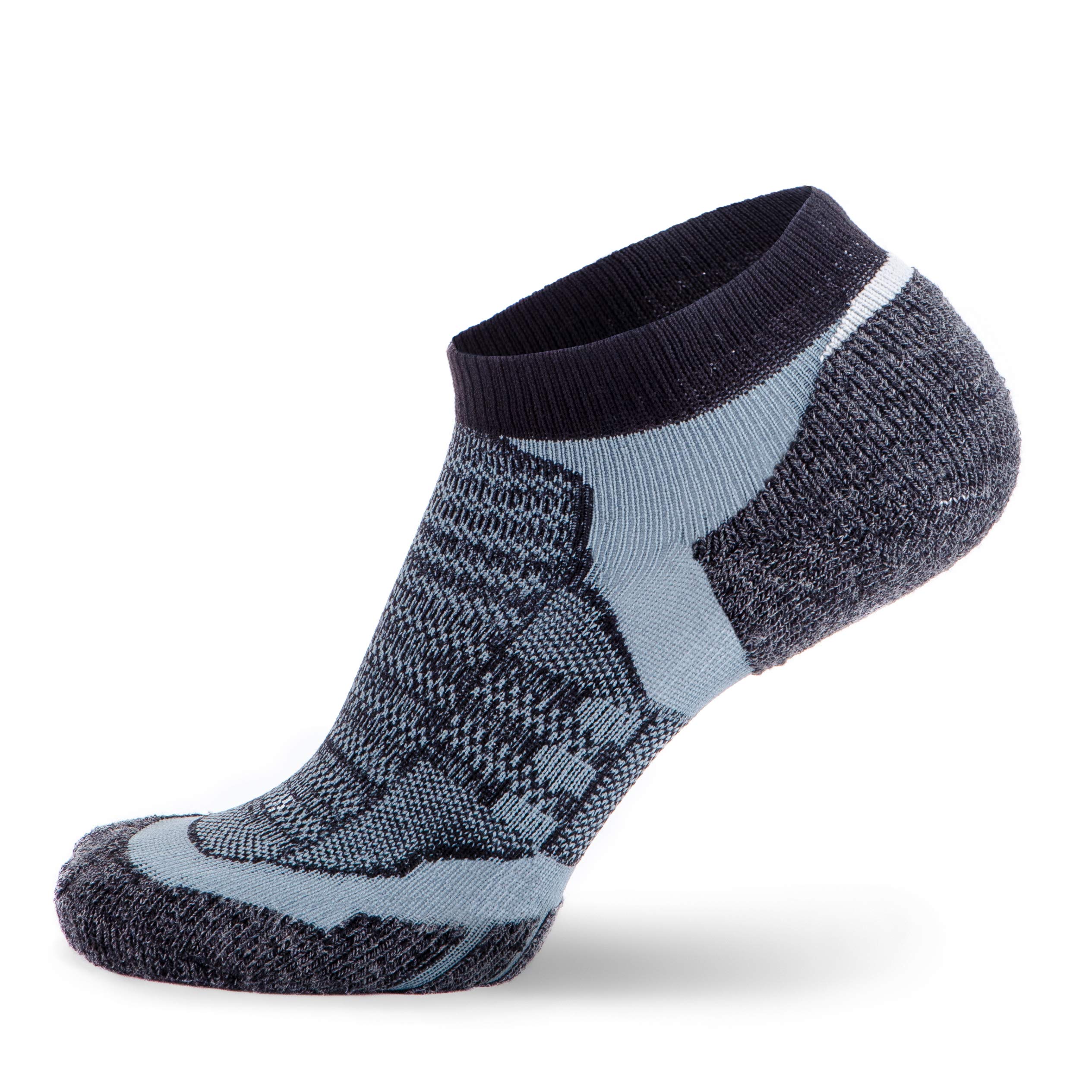 Pure Athlete Merino Wool Socks - Low Show Cushioned Athletic Padded Running Sock (3 Pairs - Black/Grey, Large)