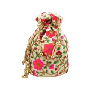 GoldGiftIdeas Glorious Vintage Floral Potli Bags,Indian Bridal Clutch,Traditional Potli Bags for Return Gift, Ethnic Rajasthani Potli Bags, Fancy Wedding Potlis (Set of 3)