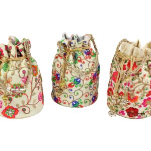 GoldGiftIdeas Glorious Vintage Floral Potli Bags,Indian Bridal Clutch,Traditional Potli Bags for Return Gift, Ethnic Rajasthani Potli Bags, Fancy Wedding Potlis (Set of 3)