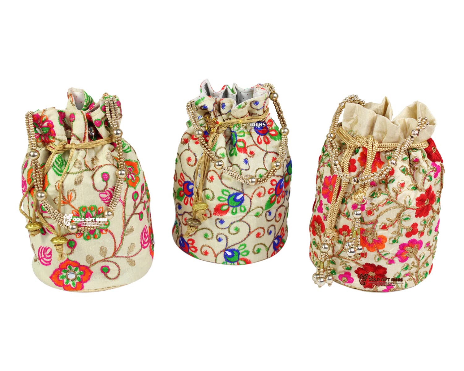 GoldGiftIdeas Glorious Vintage Floral Potli Bags,Indian Bridal Clutch,Traditional Potli Bags for Return Gift, Ethnic Rajasthani Potli Bags, Fancy Wedding Potlis (Set of 3)