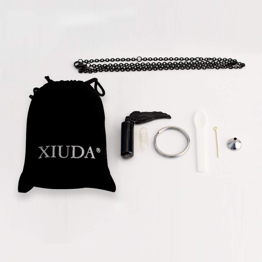 XIUDA Urn Necklace for Ashes with Angel Wing Cremation Jewelry for Ashes Cylinder Pendant Necklaces for Ashes(Black)